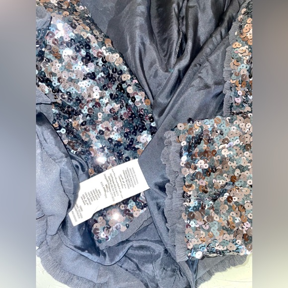 BEBE SEQUIN BLUE LINED CROPPED CARDIGAN/SHAWL SZ 4 TRIM DETAIL OPEN FRONT SILK - Picture 6 of 14